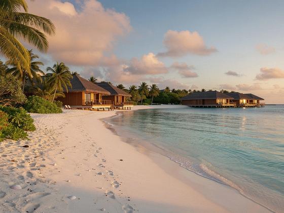 Tropical resort shoreline in the Maldives at golden hour