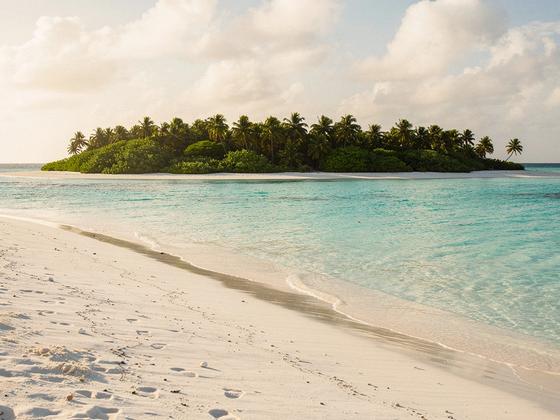 Clear lagoon water near a Maldives island with a soft sand shoreline