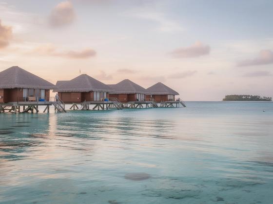 Maldives overwater villas and lagoon views at soft sunrise